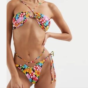 NWT For Love And Lemons Bikini Bottom L Tiana Multicolor Floral String Tie Waist